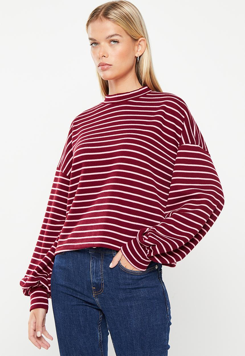 Me&B - Bellow sleeve top - pink & burgundy stripe