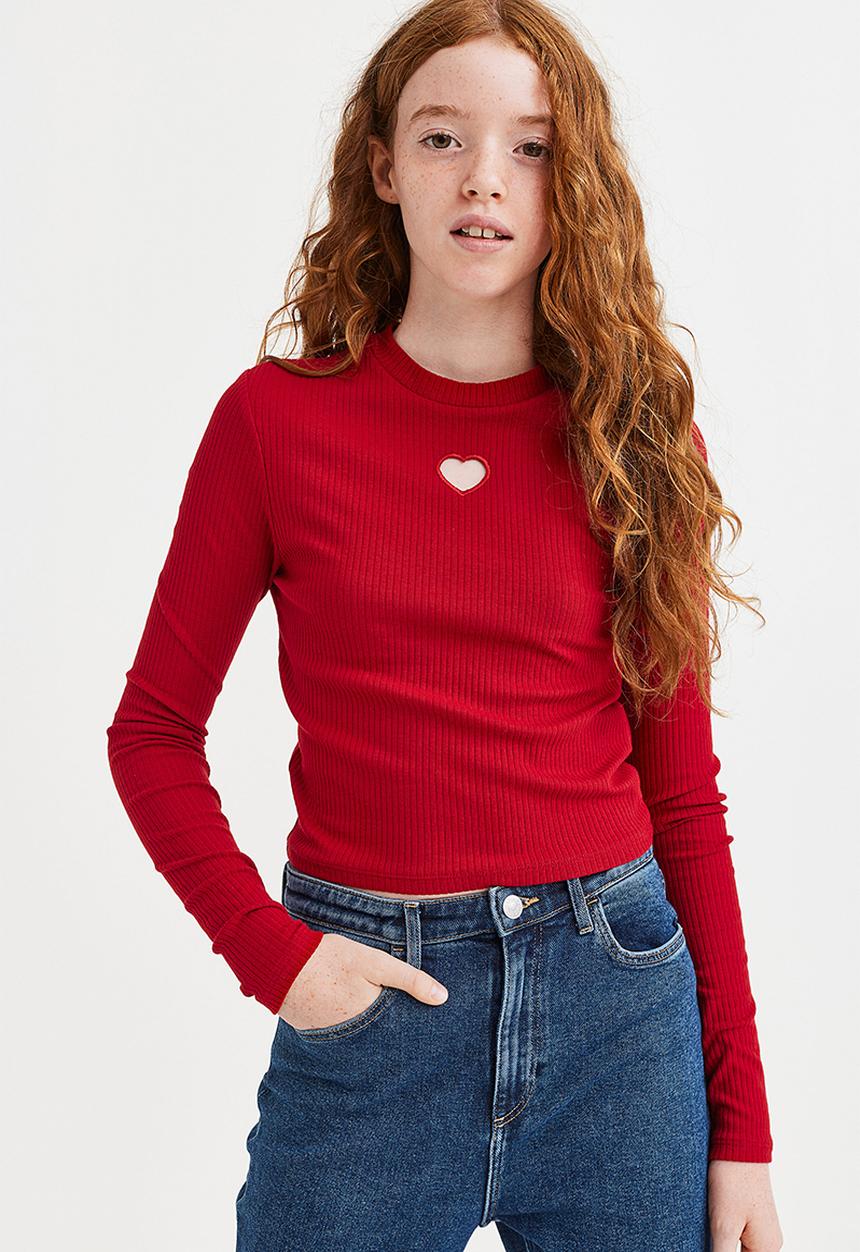 H&M - Ribbed cotton jersey cropped top - red/heart