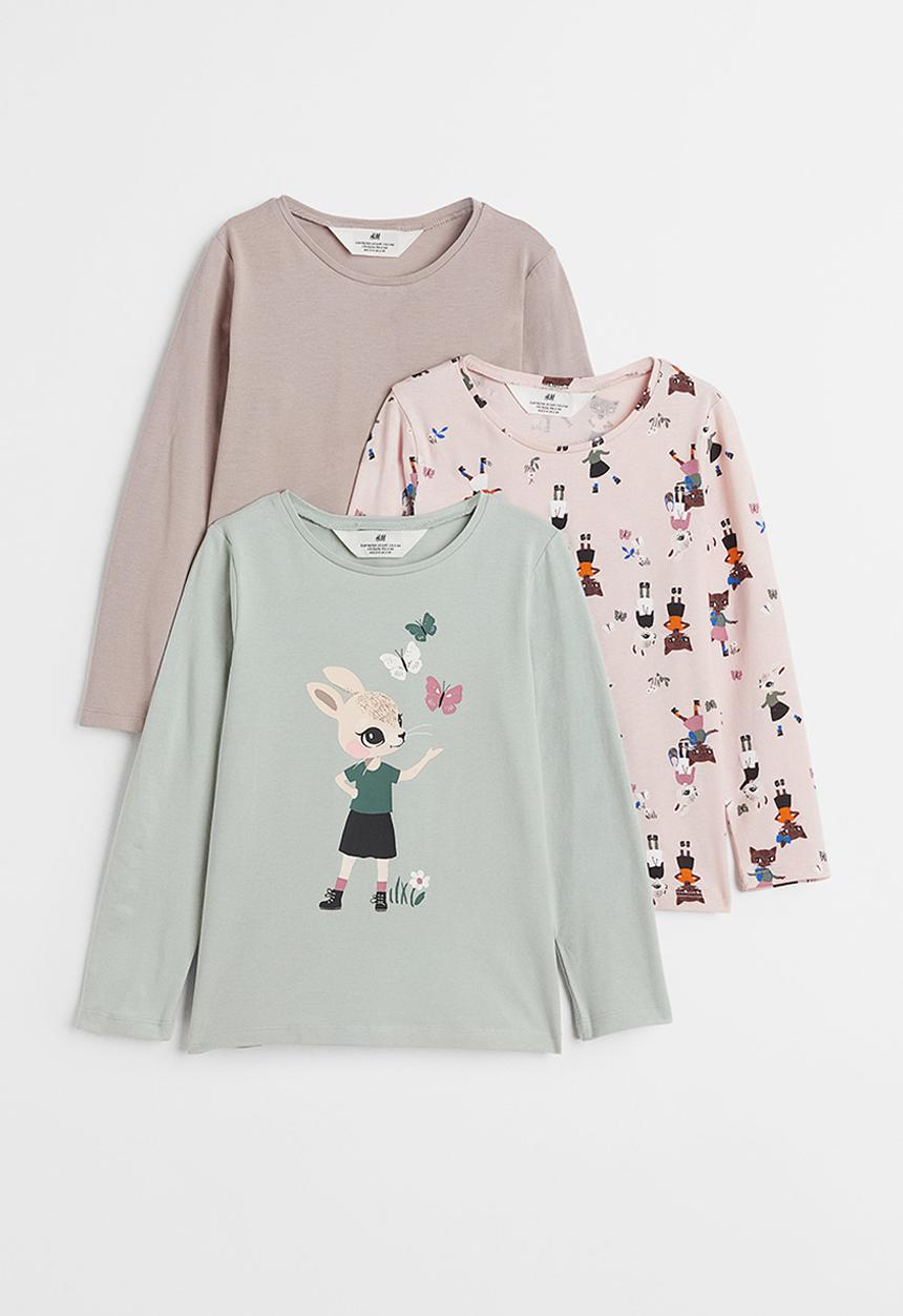 H&M - 3-pack jersey tops - dusky green/rabbit