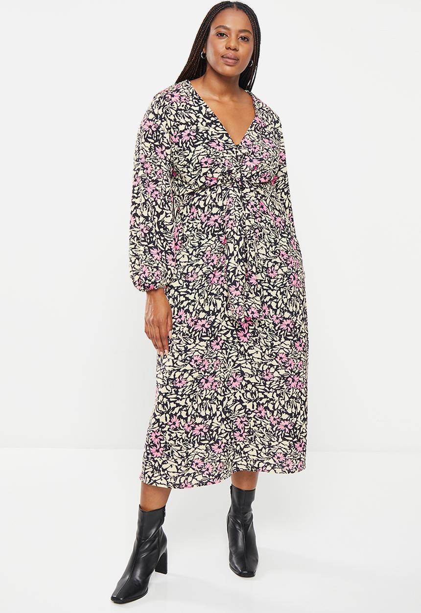 Me&B - Plus Tie Front Midi Dress  - black & white floral