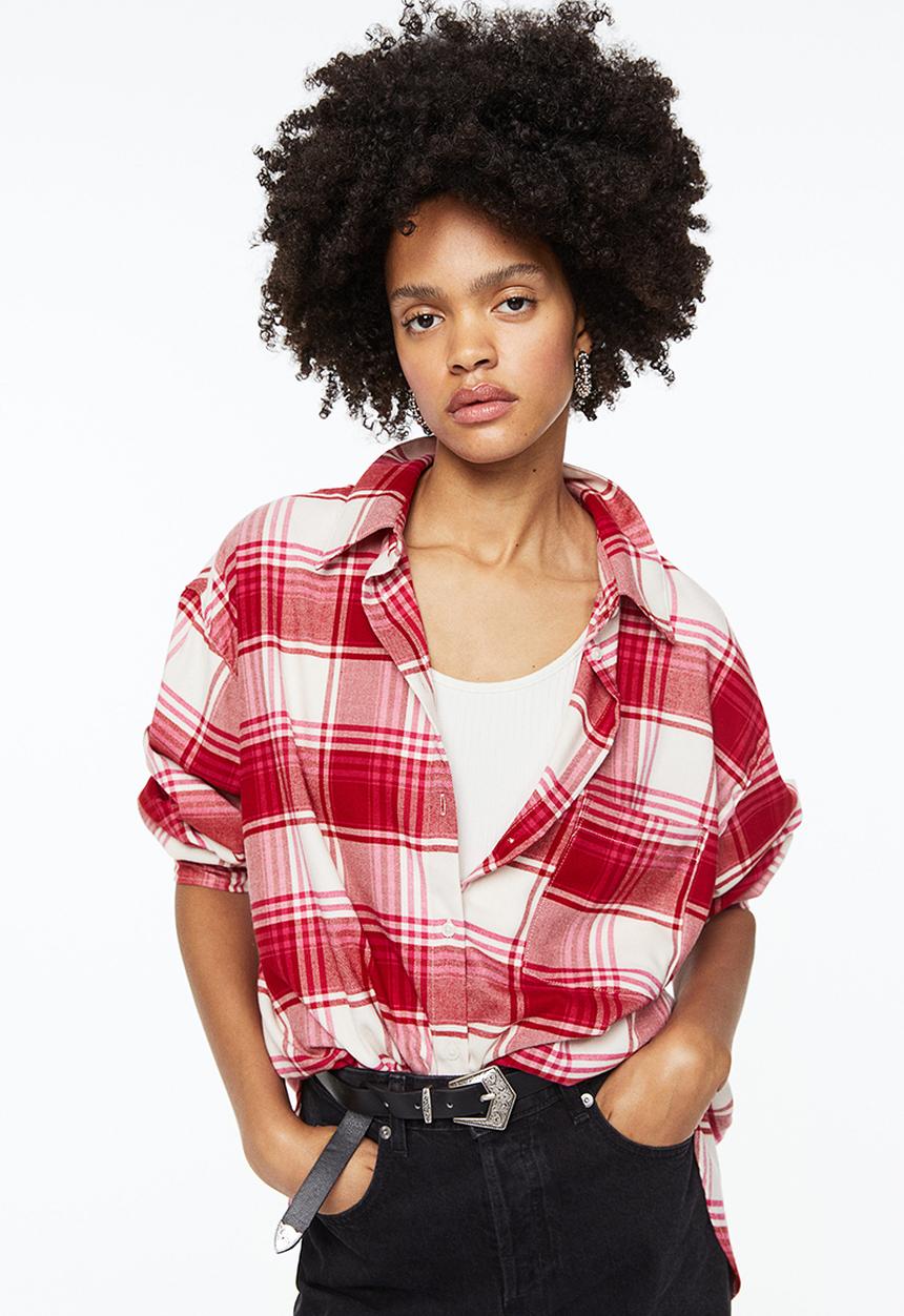 H&M - Oversized flannel shirt - red/checked