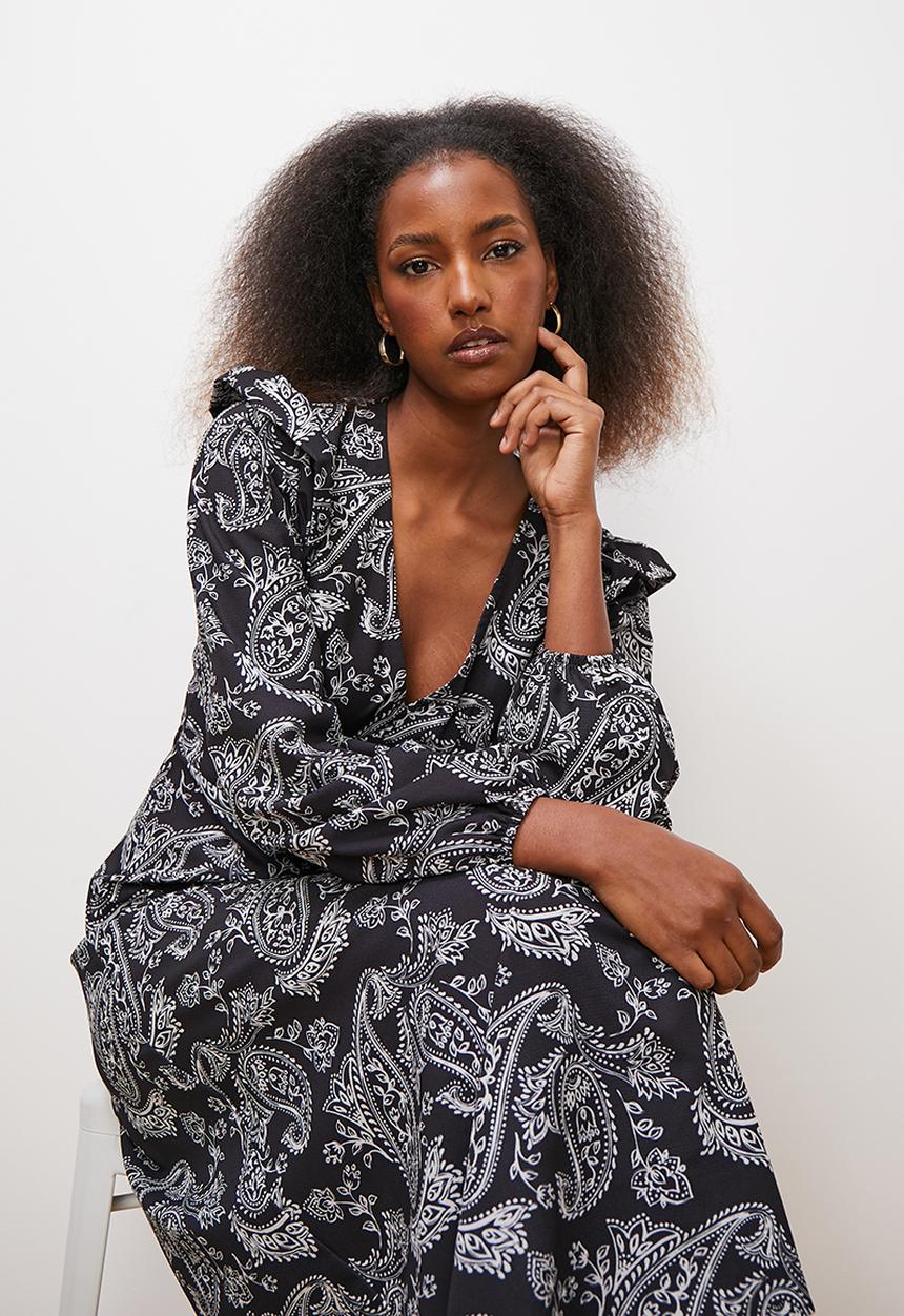edit - Ruffle detail midi dress - monochromatic floral