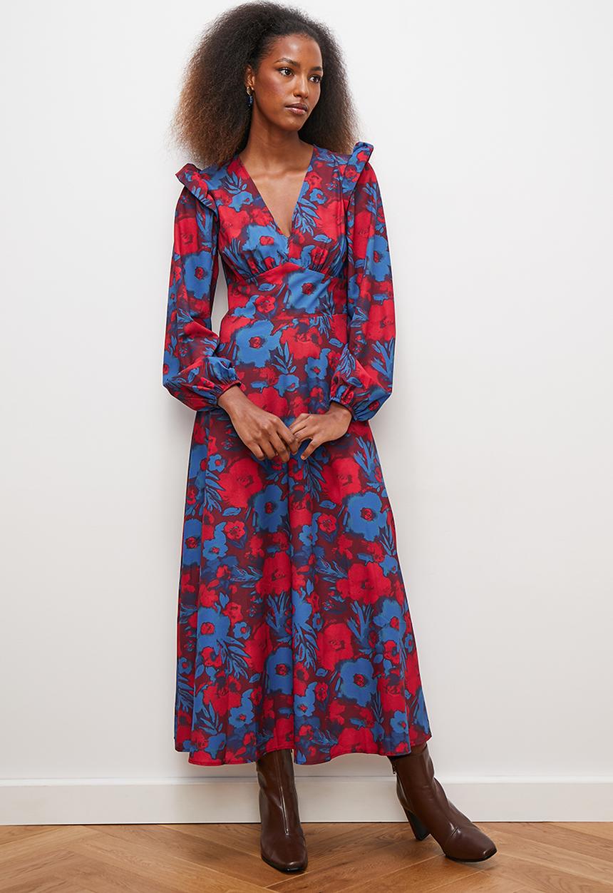edit - Ruffle detail midi dress - blue painterly floral