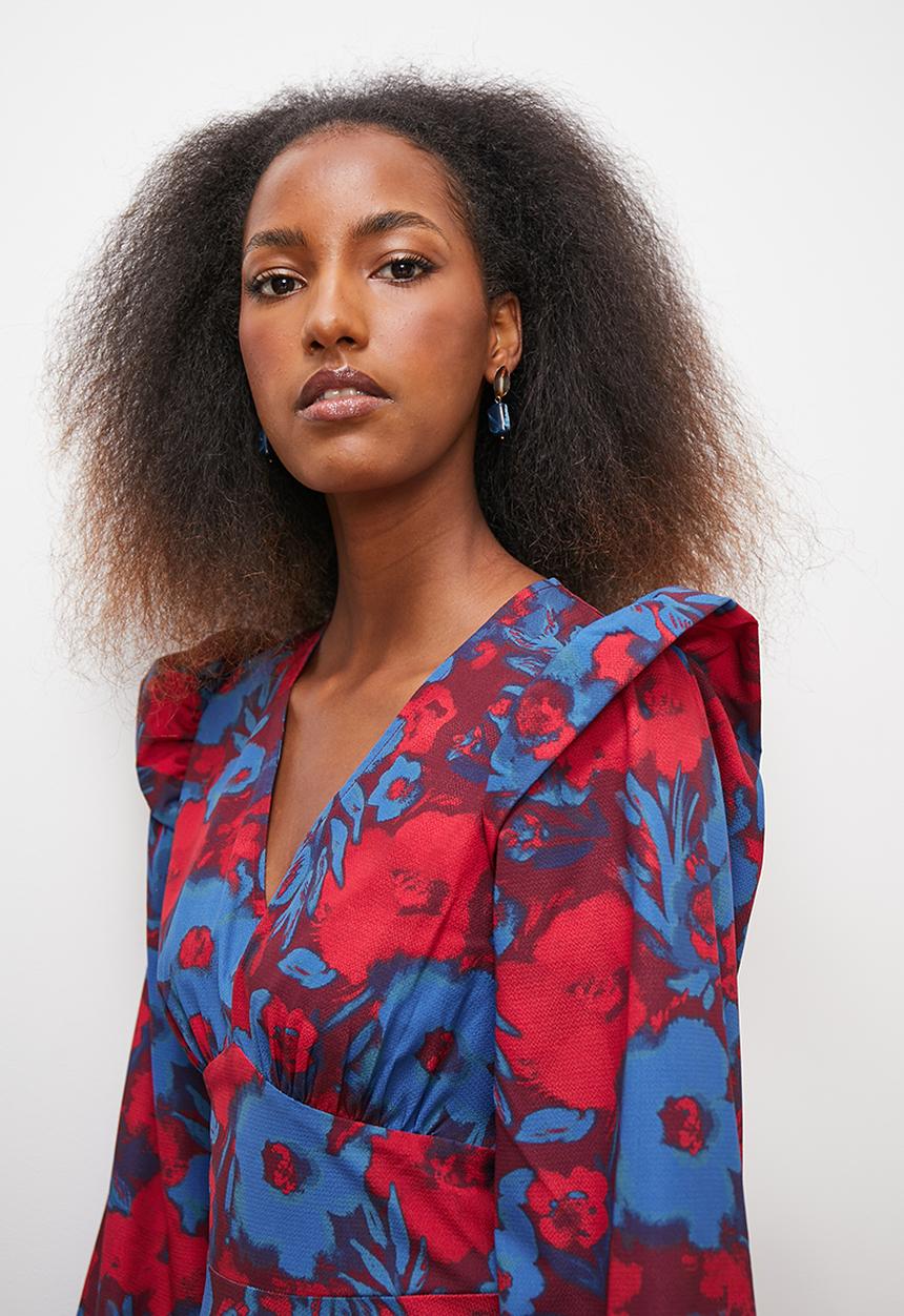edit - Ruffle detail midi dress - blue painterly floral