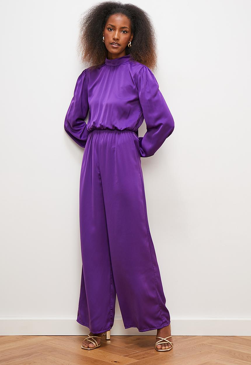 edit - Satin kitty bow waisted jumpsuit - purple