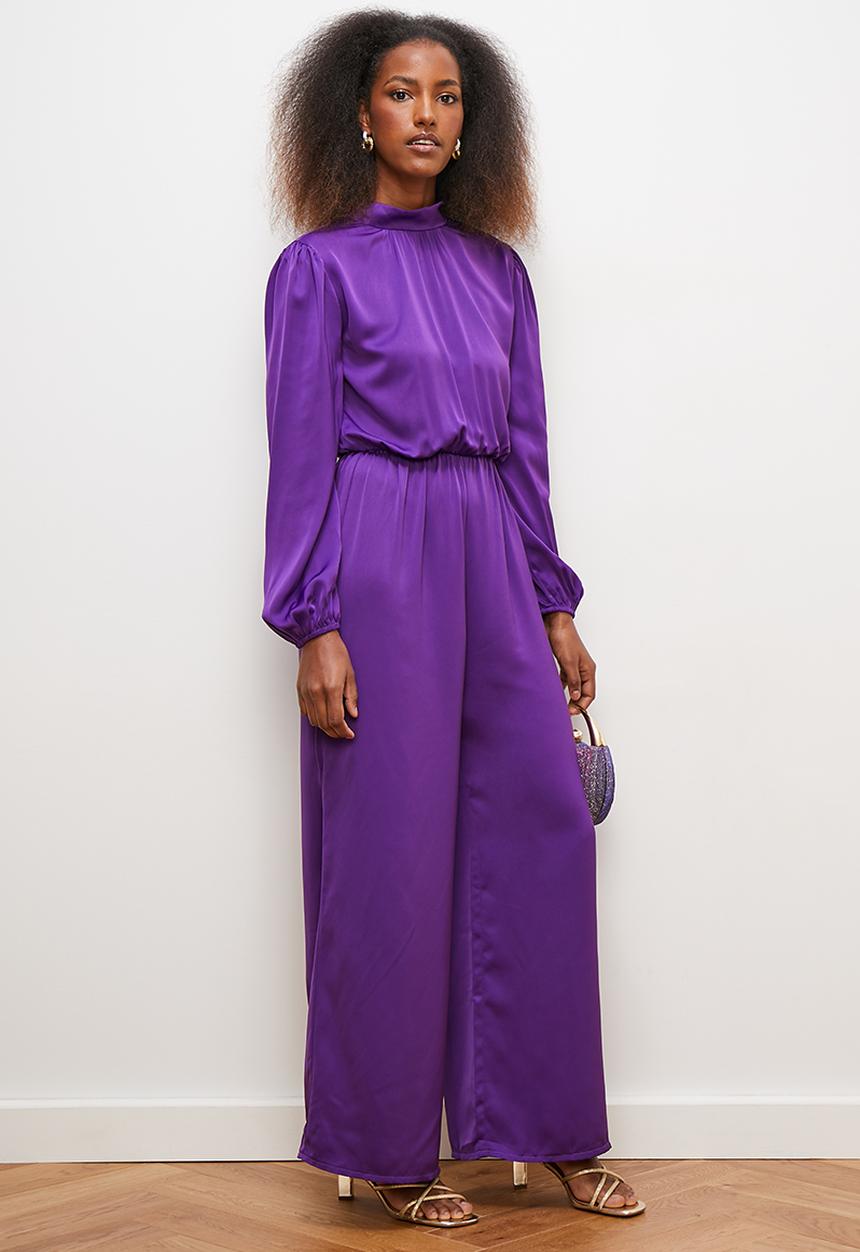 edit - Satin kitty bow waisted jumpsuit - purple