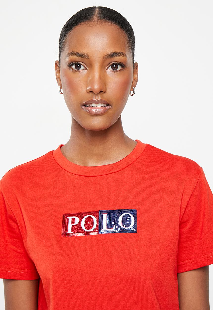 POLO - Wmn colour block sequin short sleeve t-shirt - red