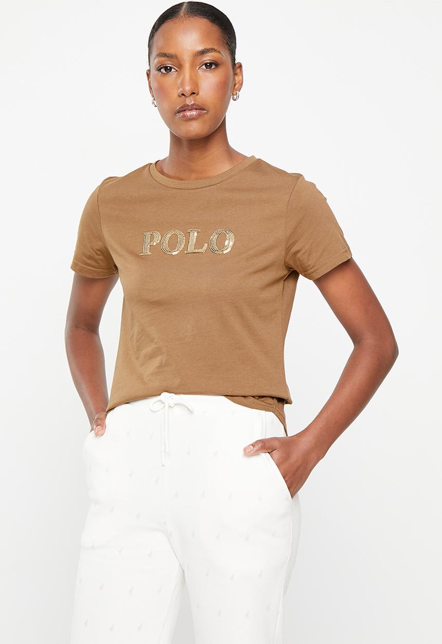 POLO - Wmn sequin branded short sleeve t-shirt - camel