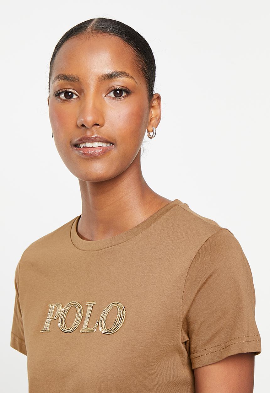 POLO - Wmn sequin branded short sleeve t-shirt - camel
