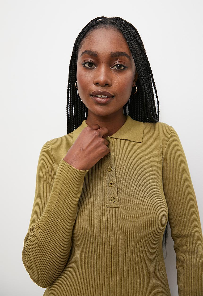 Blake - Golf collar rib column dress - olive