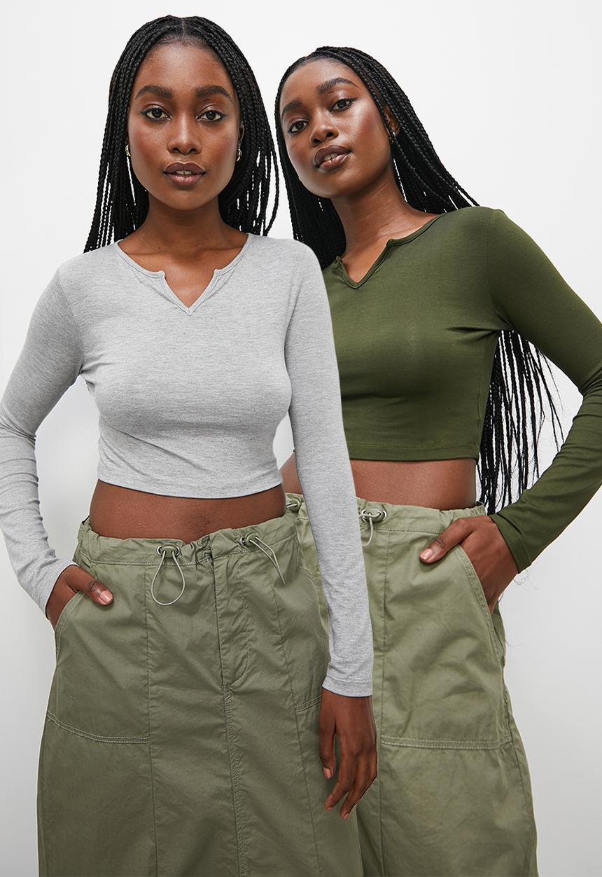 Blake - 2-Pack notch neck tee - light grey melange & fatigue