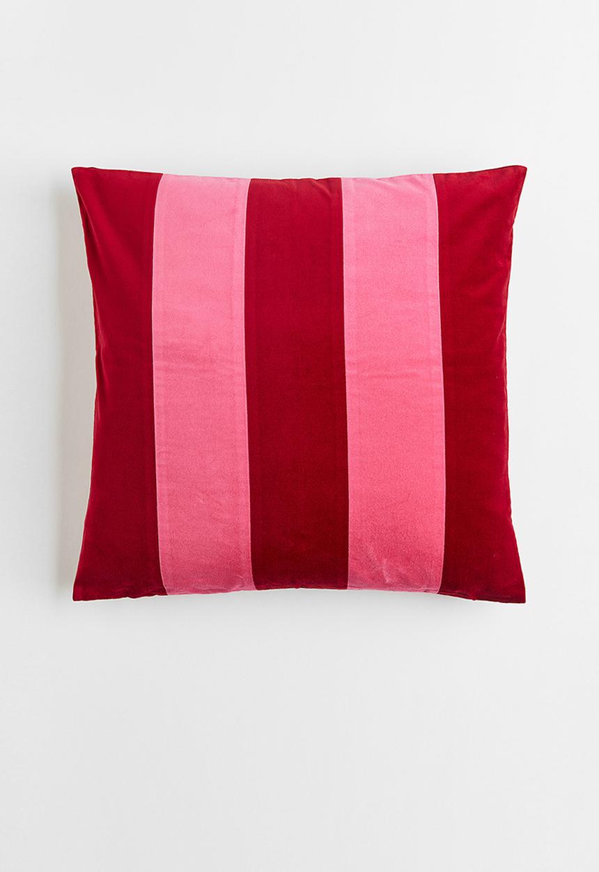 H&M - Cotton velvet cushion cover - dark red/striped