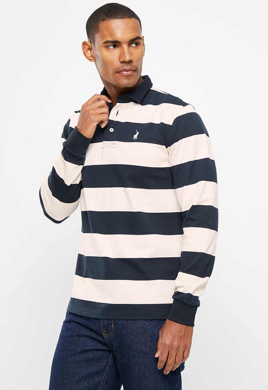 POLO - Mens rugby stripe long sleeve golfer - navy & white