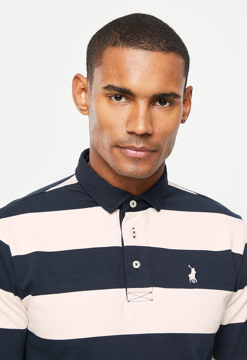POLO - Mens rugby stripe long sleeve golfer - navy & white