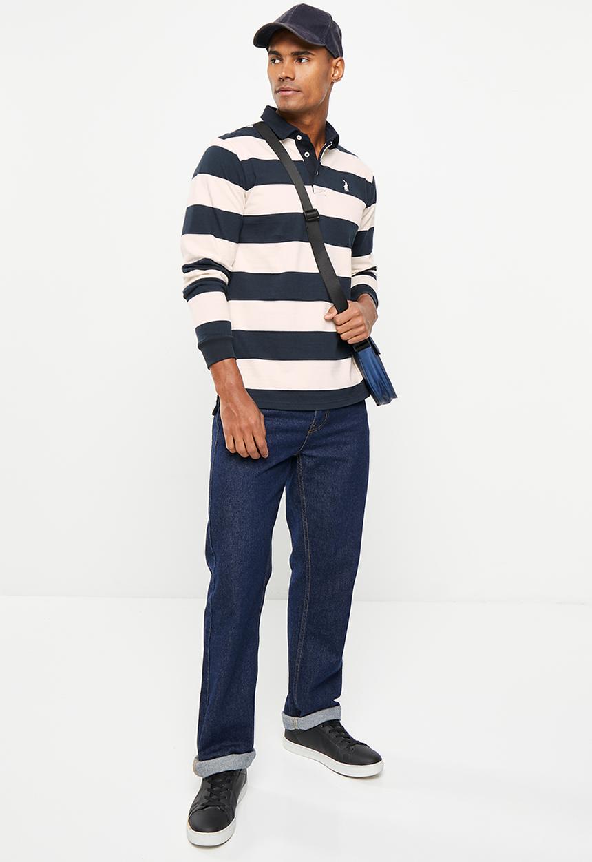 POLO - Mens rugby stripe long sleeve golfer - navy & white