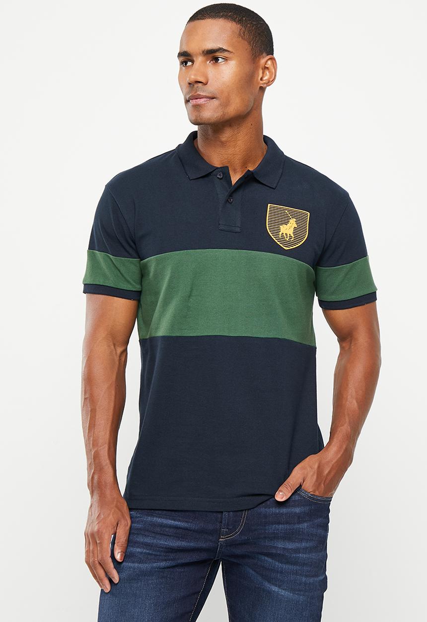 POLO - Mens equestrian short sleeve golfer - green & navy 