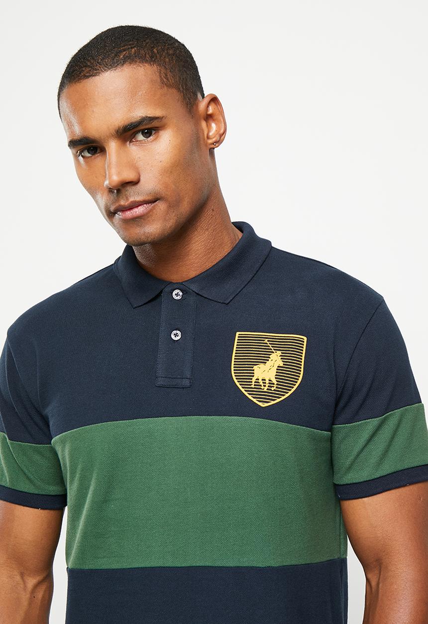 POLO - Mens equestrian short sleeve golfer - green & navy 