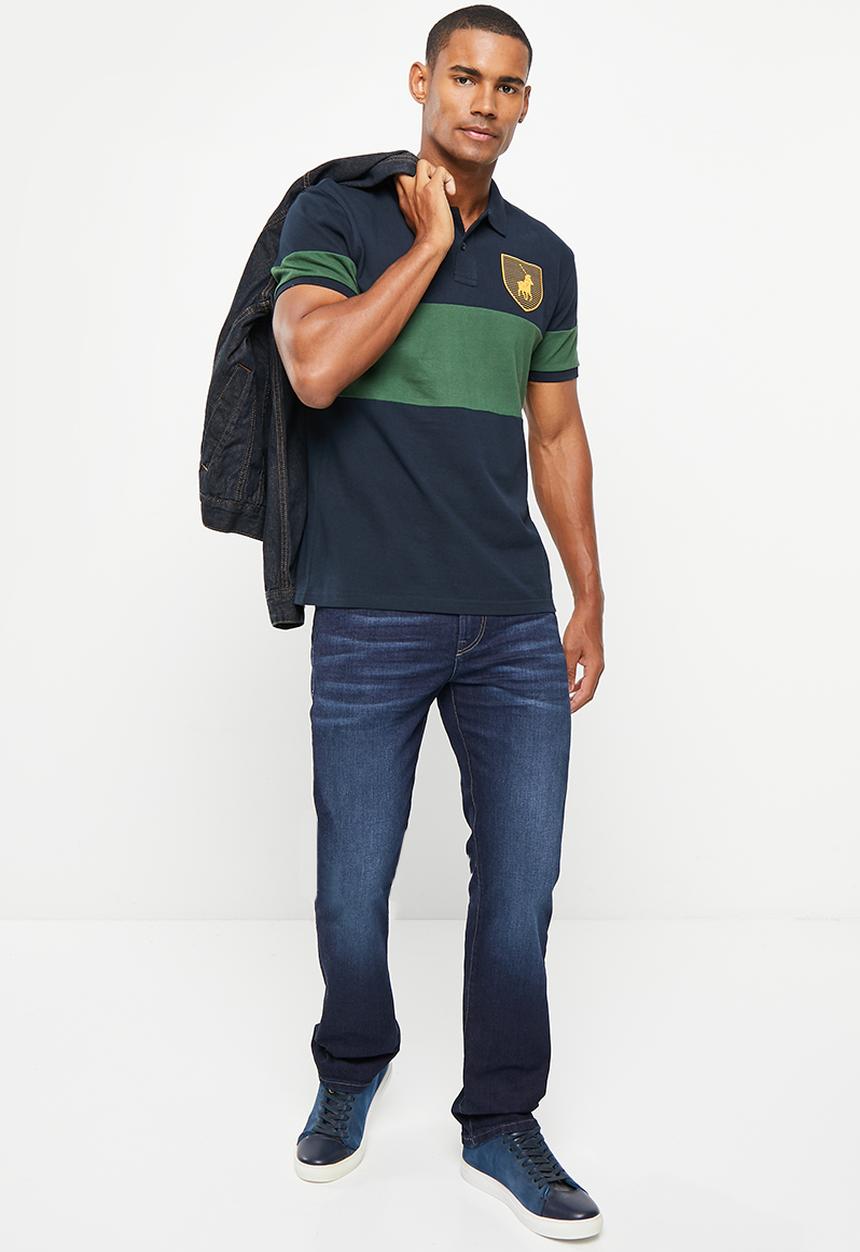 POLO - Mens equestrian short sleeve golfer - green & navy 