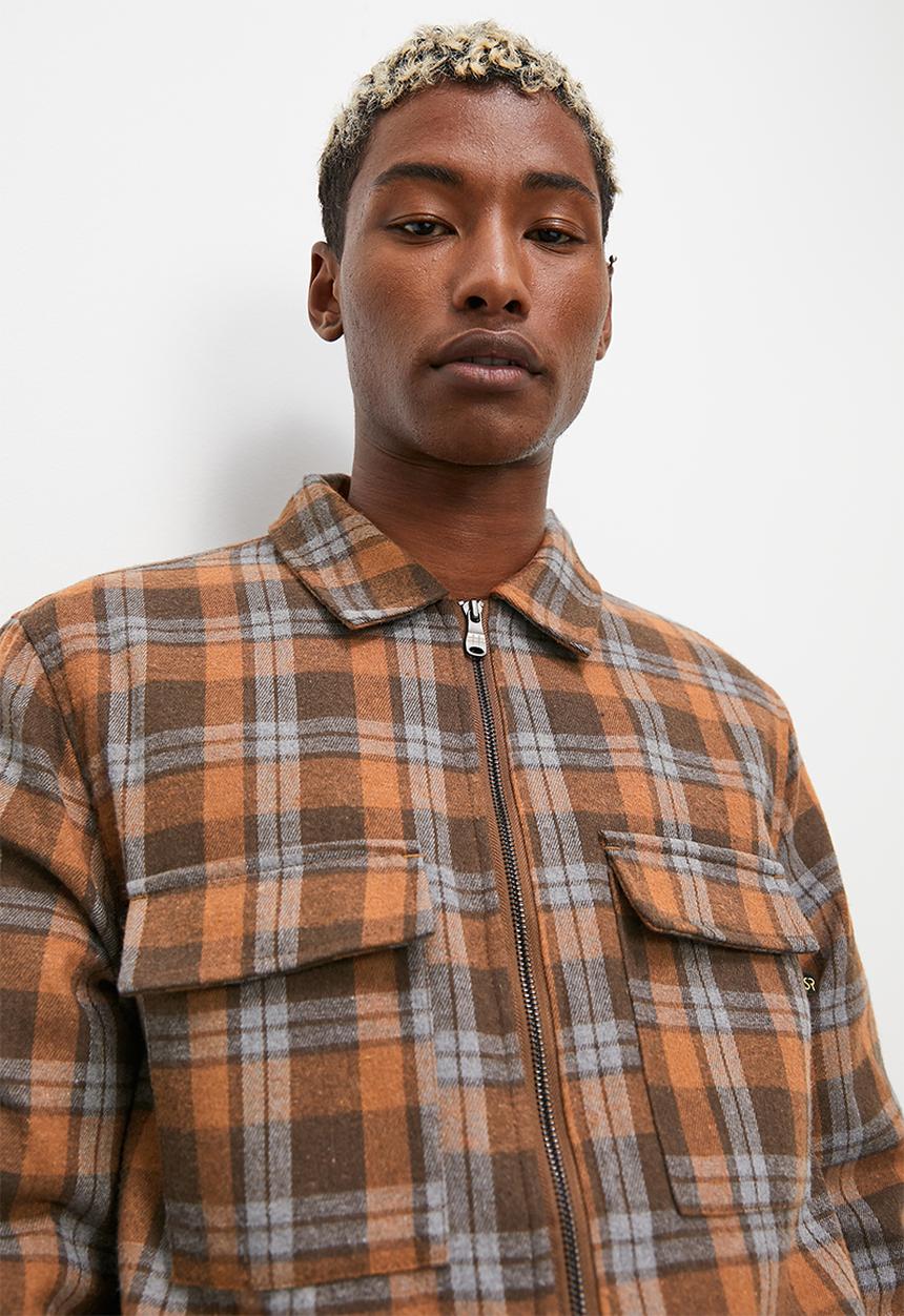 STYLE REPUBLIC - Check flannel sherpa lined utility shacket - check browns