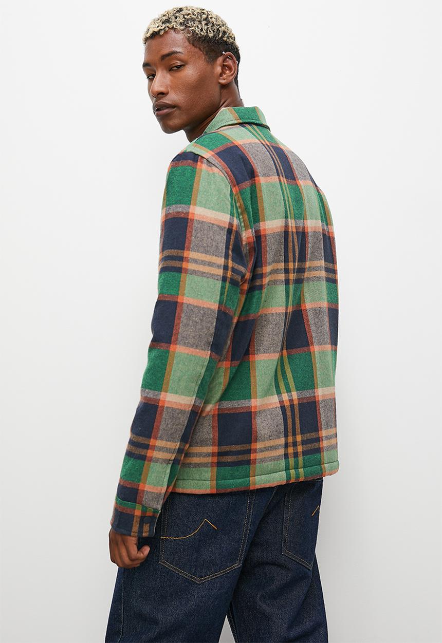 Check flannel sherpa lined utility shacket - navy/orange