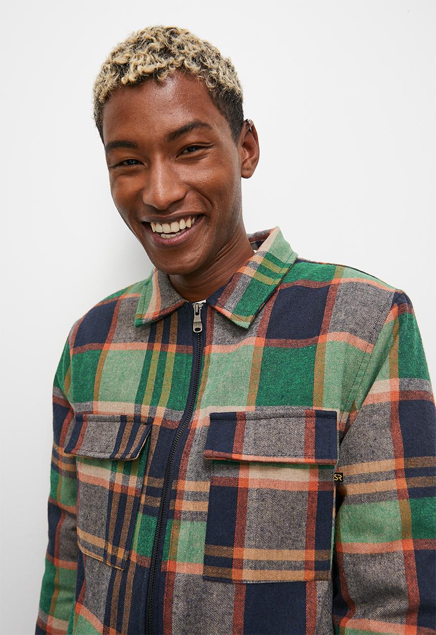 Check flannel sherpa lined utility shacket - navy/orange