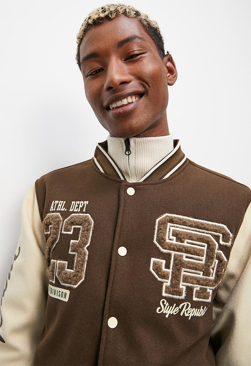 STYLE REPUBLIC - Padded varsity bomber jacket - brown & stone