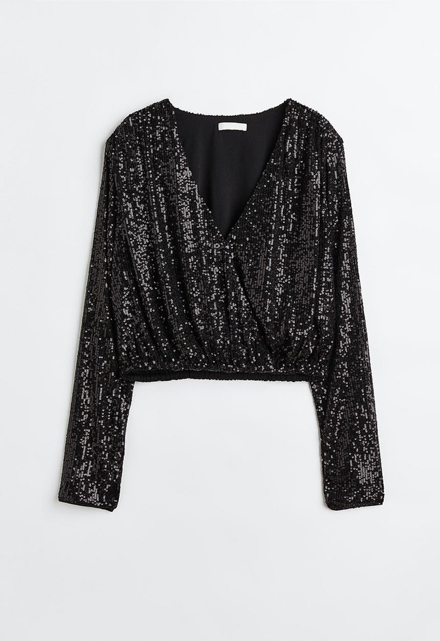 H&M - Sequined wrapover blouse - black/sequins