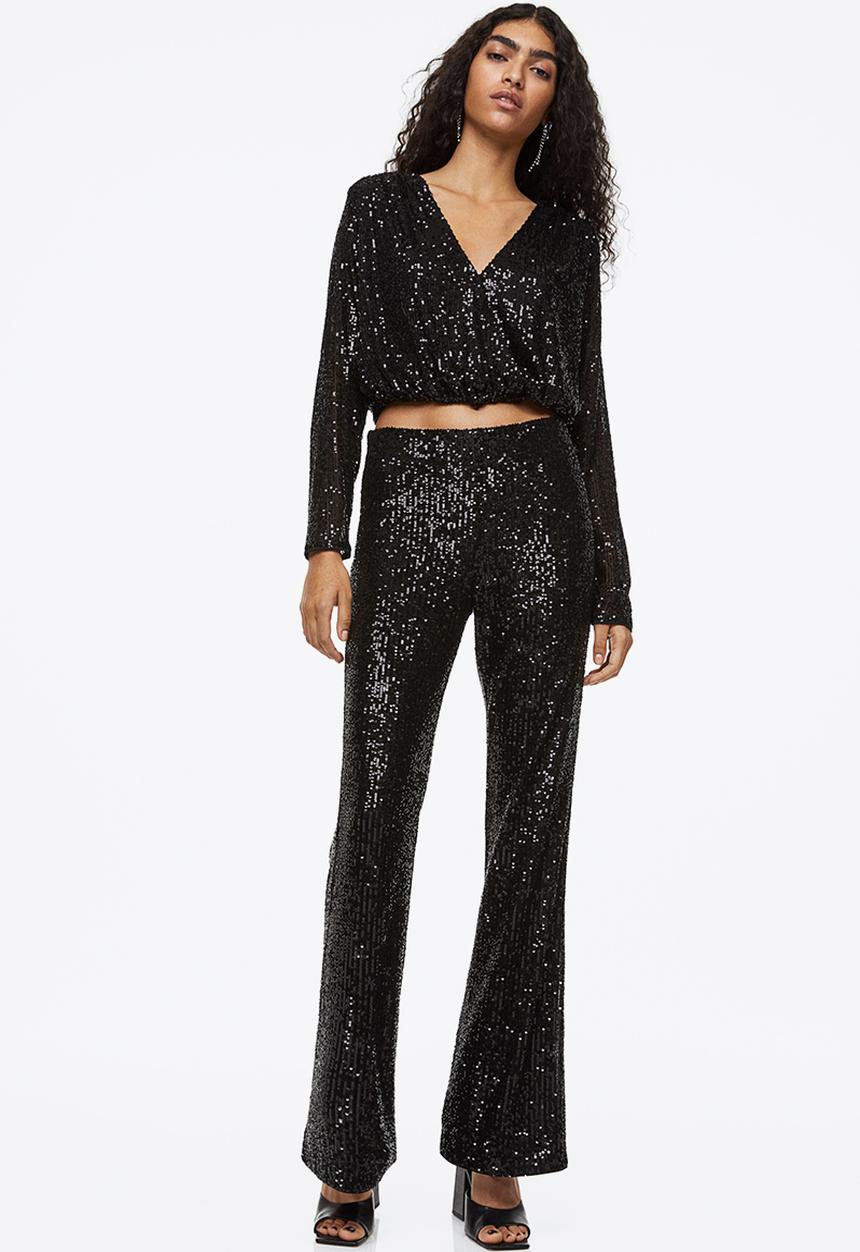 H&M - Sequined wrapover blouse - black/sequins