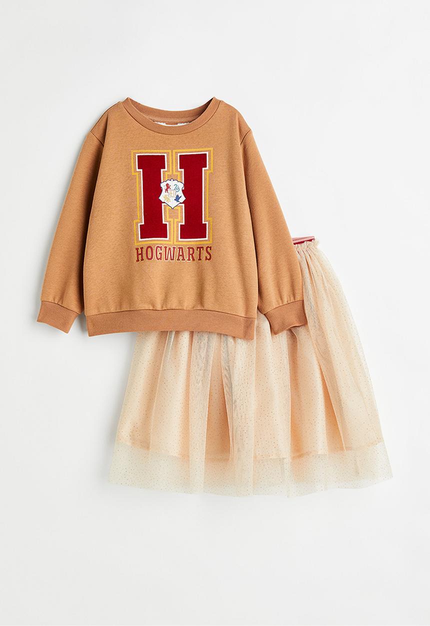 H&M - 2-Piece print-motif top and skirt set - dark beige/hogwarts