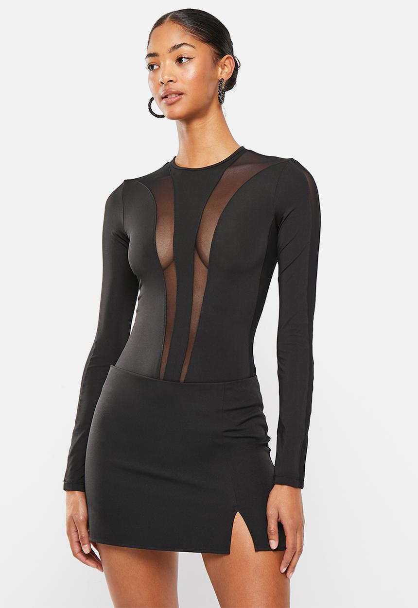 SISSY BOY - Deep connections long sleeeve bodysuit with insets - black