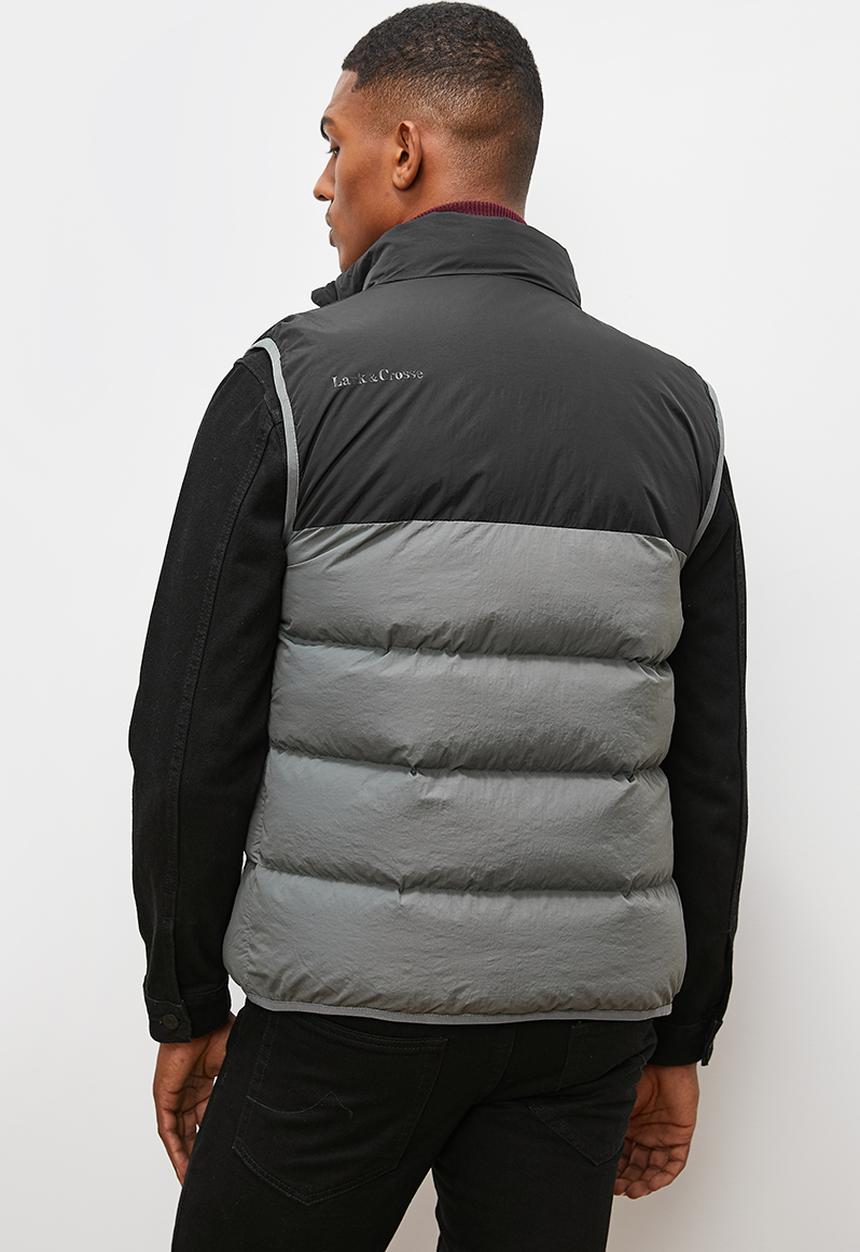 Lark & Crosse - Mason sleeveless colourblock puffer jacket - black & grey