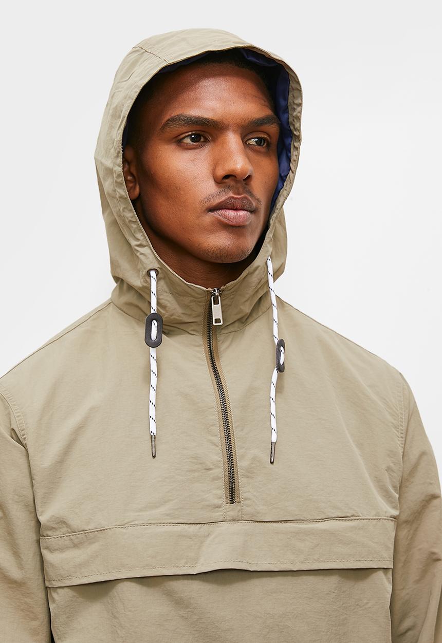 Lark & Crosse - Hooded rib stop poplin 1/4 zip pullover lightweight jacket - stone