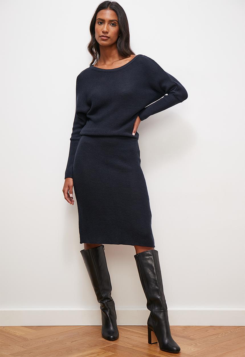 edit - Slash neck bodycon knitwear dress - dark navy