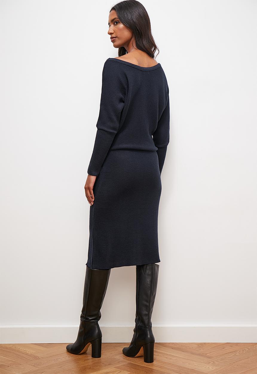 edit - Slash neck bodycon knitwear dress - dark navy