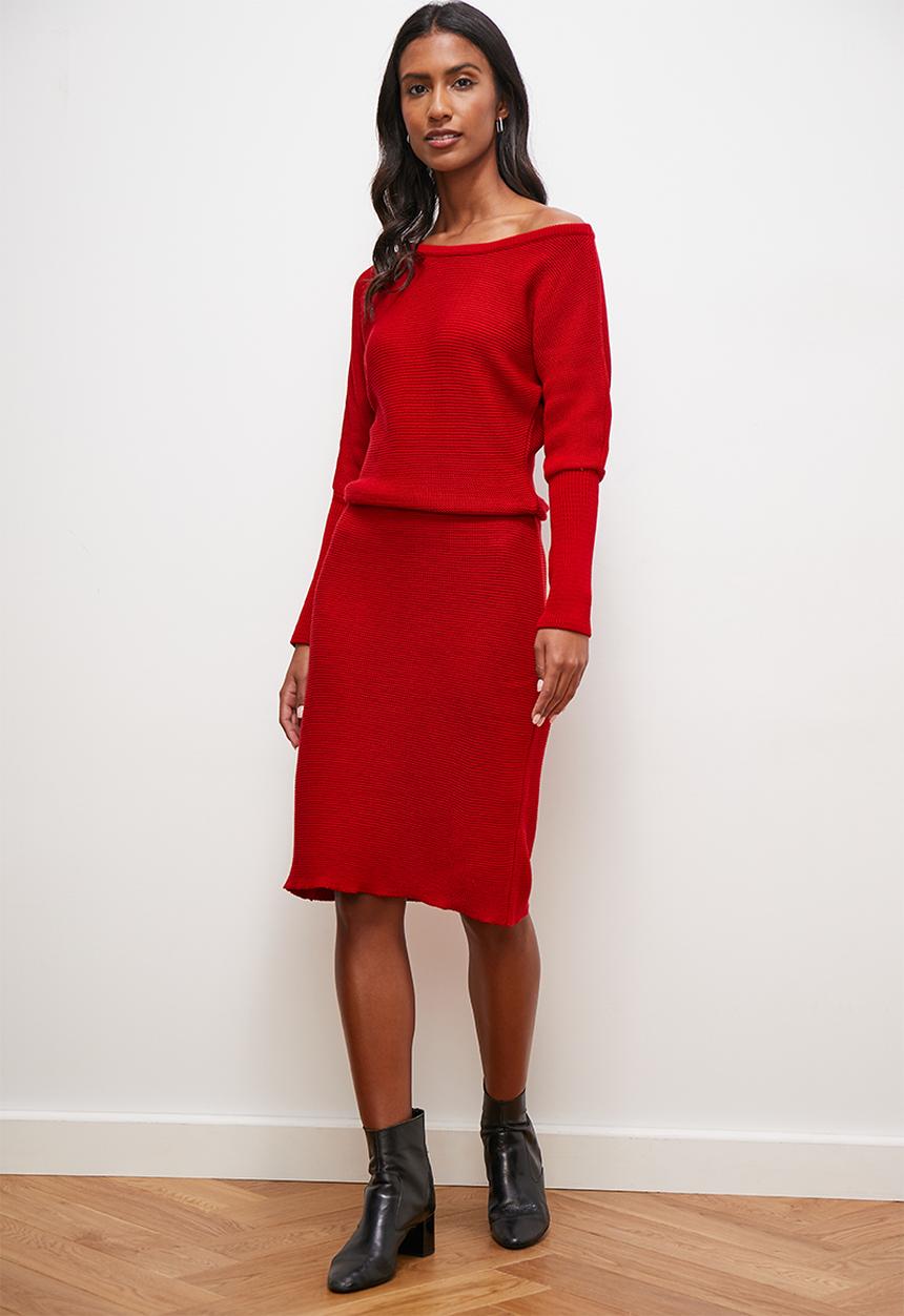 edit - Slash neck bodycon knitwear dress - oxblood