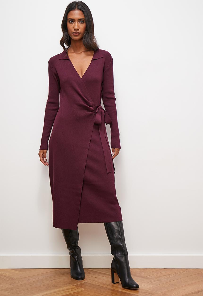 edit - Collar wrap knitwear midi dress - eggplant