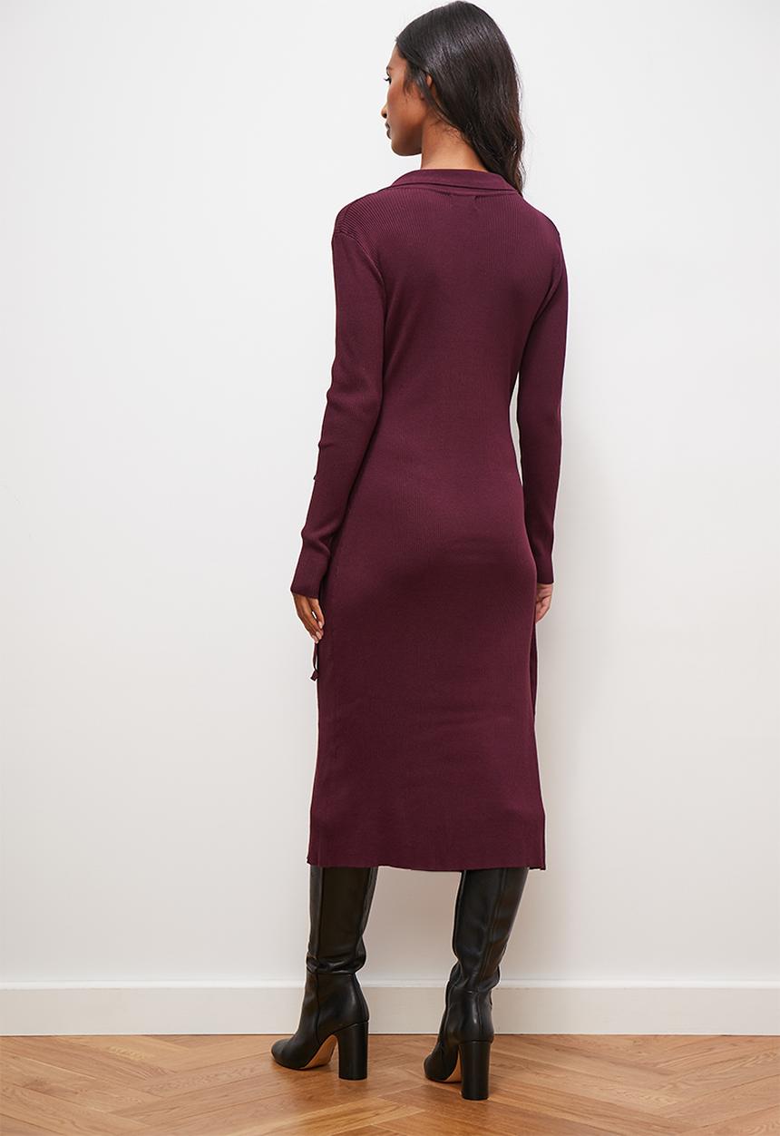 edit - Collar wrap knitwear midi dress - eggplant