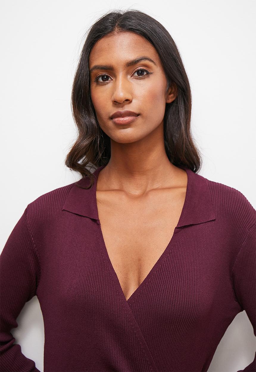edit - Collar wrap knitwear midi dress - eggplant