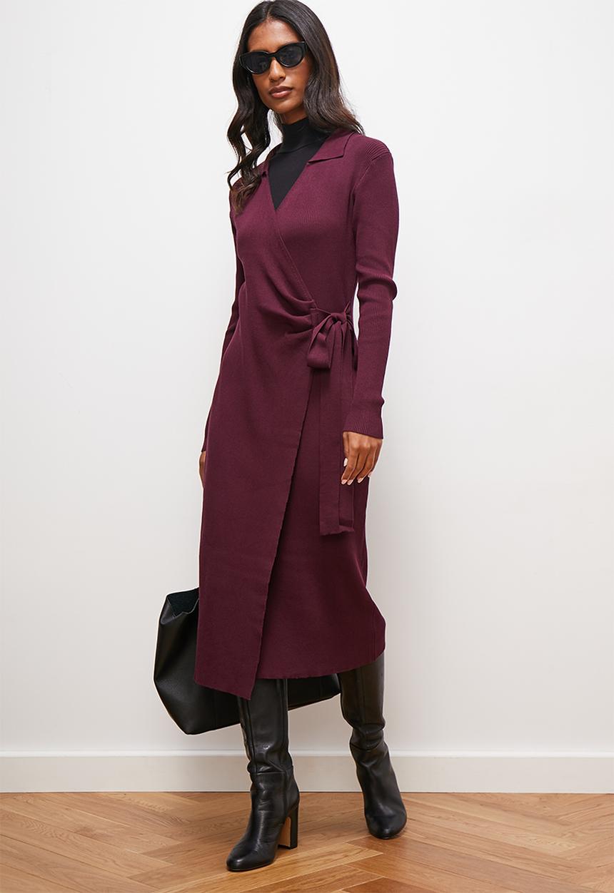 edit - Collar wrap knitwear midi dress - eggplant