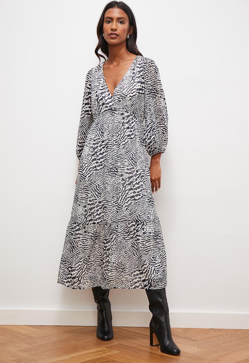 edit - Chiffon fit & flare balloon sleeve midi dress - animal print