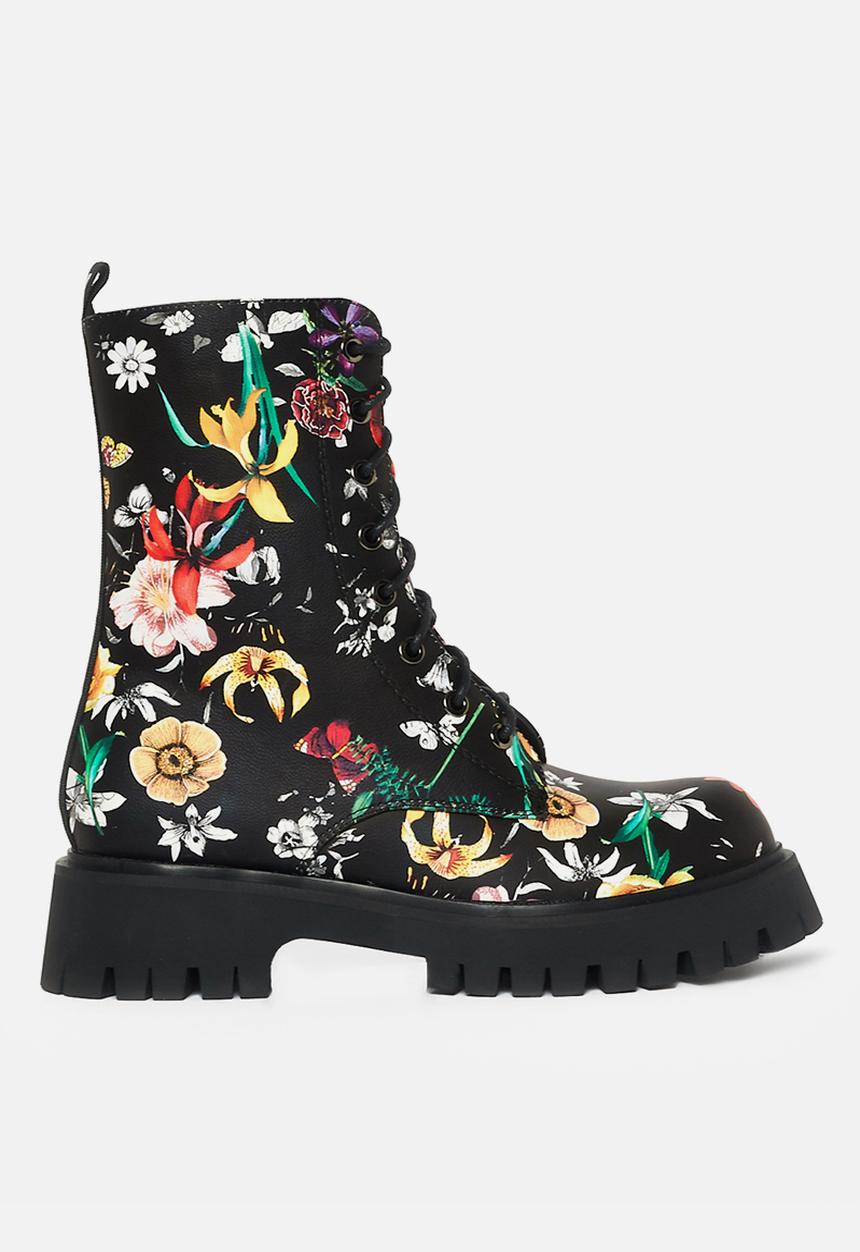 Koi Footwear - Garden games print boot - black floral