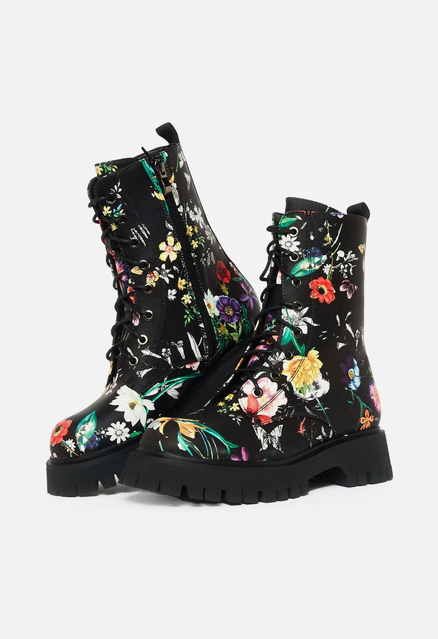 Koi Footwear - Garden games print boot - black floral