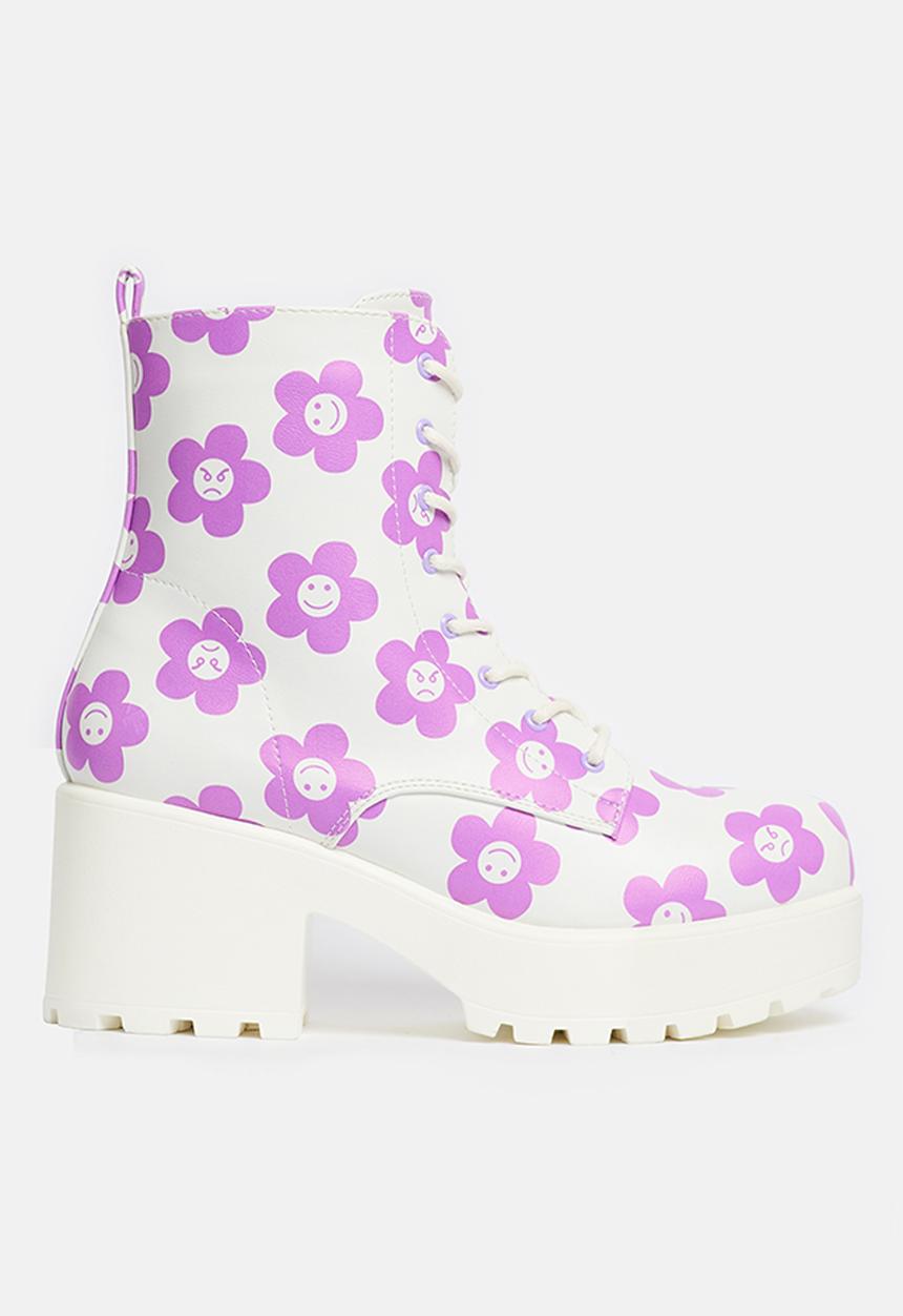 Koi Footwear - Minor miracle platform military boot - white/purple flowers