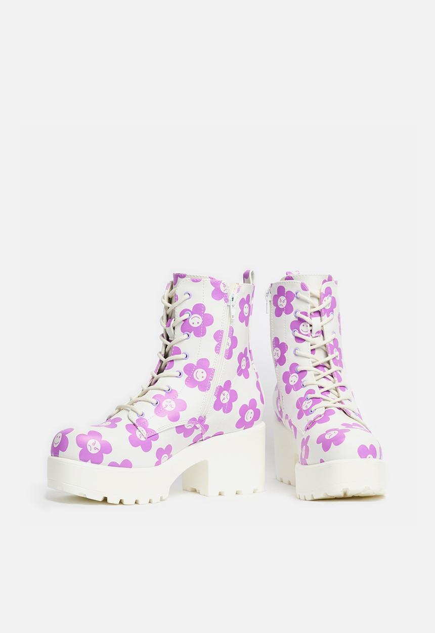 Koi Footwear - Minor miracle platform military boot - white/purple flowers