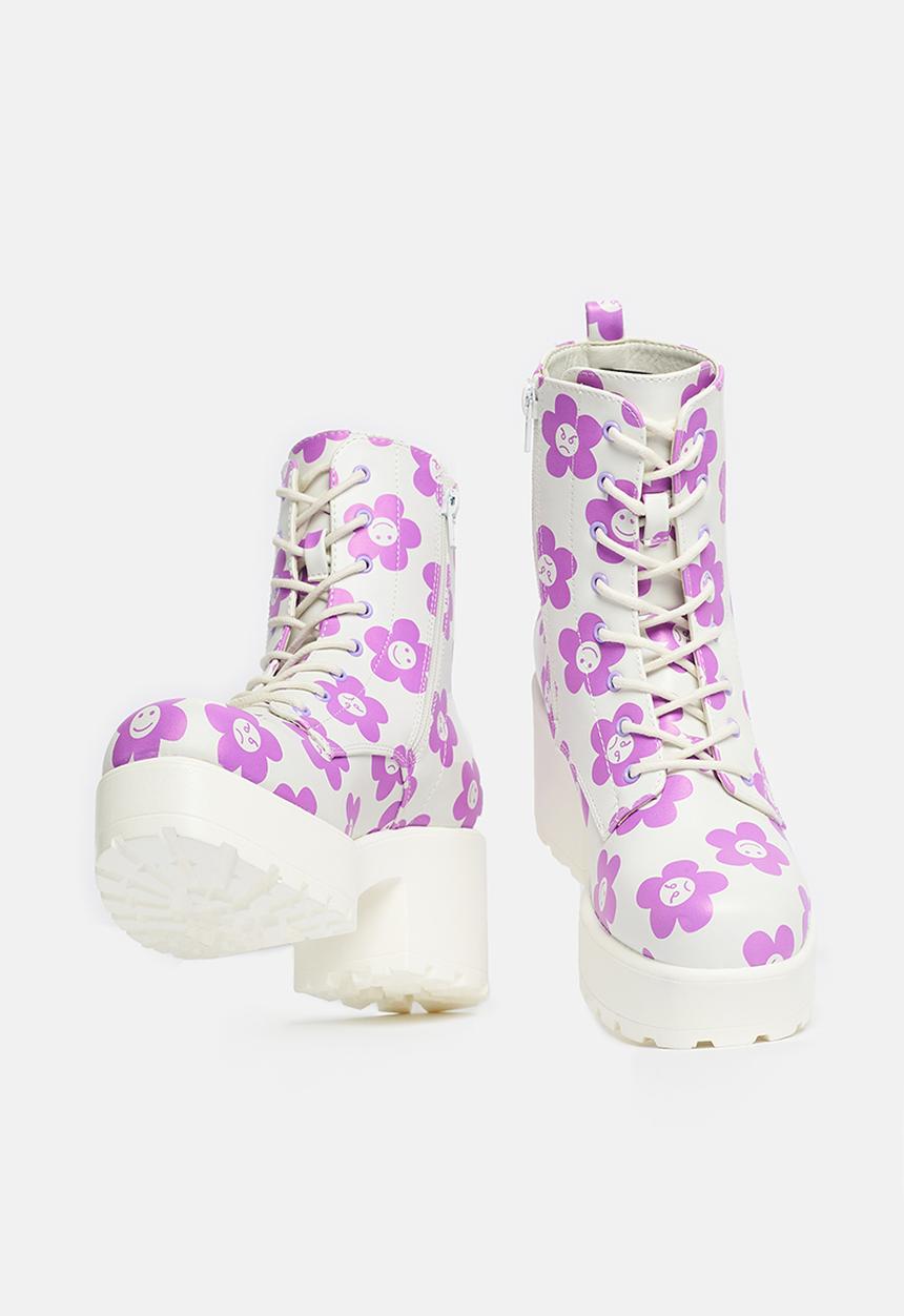 Koi Footwear - Minor miracle platform military boot - white/purple flowers