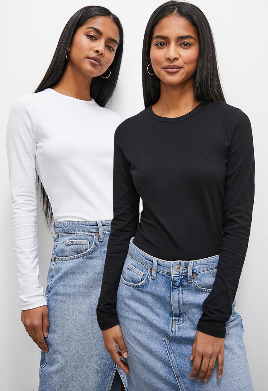 Superbalist - 2 Pack long sleeve crew neck cotton lycra top - black and white