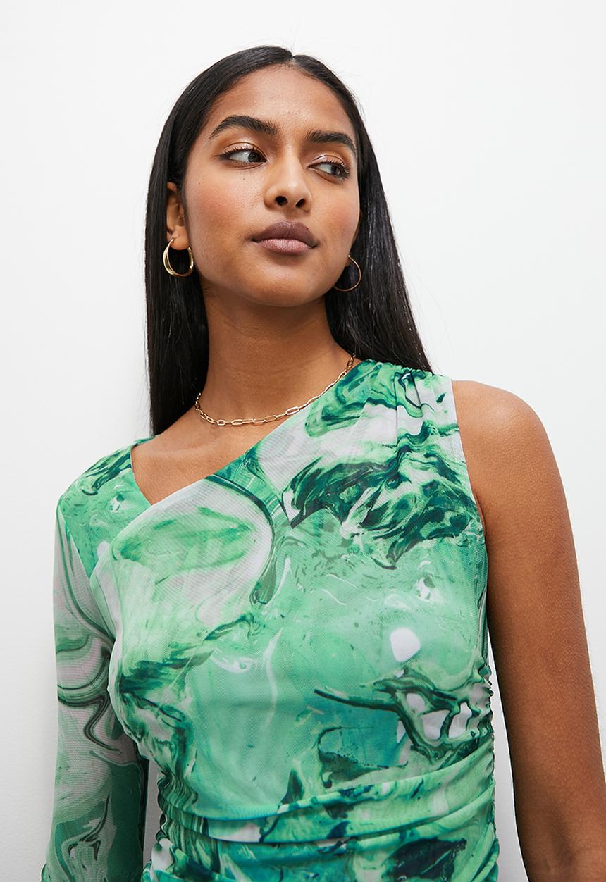Superbalist - Printed mesh asymmetric top - green swirl marble