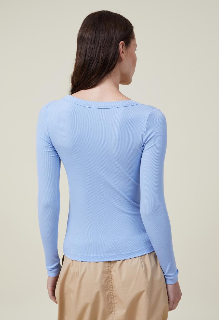 Cotton On - Staple rib scoop neck long sleeve top - blue chalk