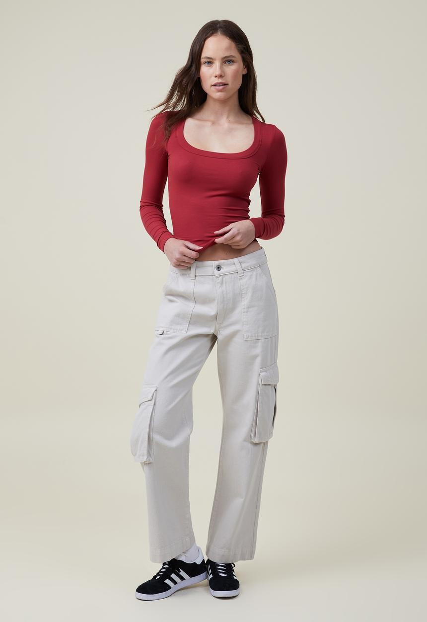 Cotton On - Staple rib scoop neck long sleeve top - ruby red