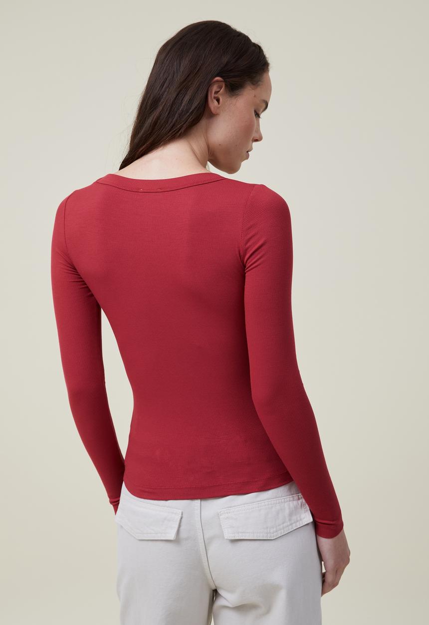 Cotton On - Staple rib scoop neck long sleeve top - ruby red